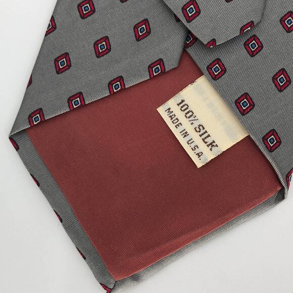 Vintage Yves Saint Laurent Neckwear Red Gray Diamond Geometric Silk Neck Tie - Picture 3 of 5